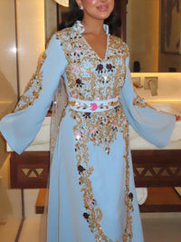 Powder Blue Moroccan Kaftan – Gold & Floral Hand Embroidered Caftan – Luxury Custom Wedding  Henna Dress