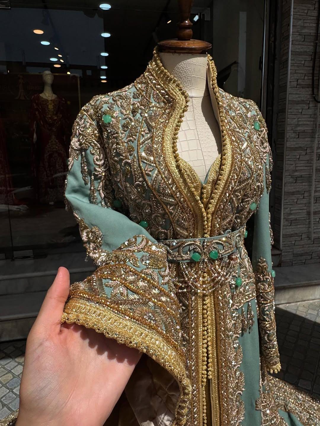 Pastel Blue Moroccan Bridal Kaftan Takchita, Luxury Crepe Hand-Embroidered Wedding Dress