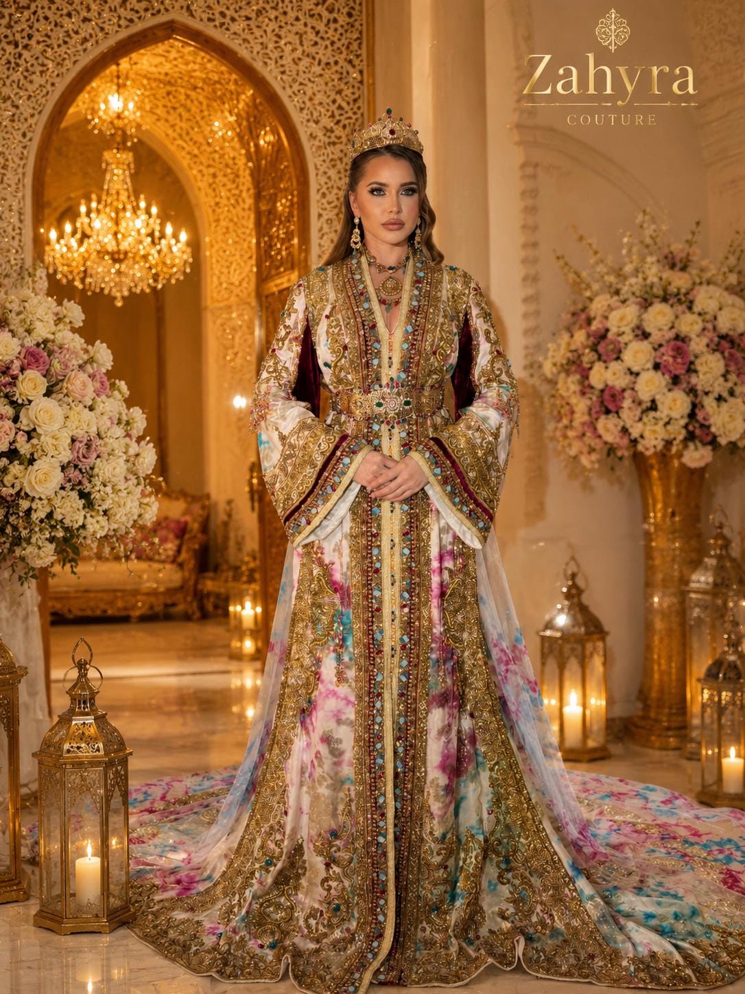 Royal Moroccan Bridal Kaftan, Luxury Silk Jacquard Wedding Dress, Hand Embroidered Couture Caftan