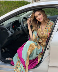 Handmade Mint Green Moroccan Bridal Kaftan, Gold Embroidered Crepe Takchita Dress