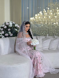 Blush Pink Embroidered Moroccan Bridal Kaftan, Luxury Wedding Dress with Veil