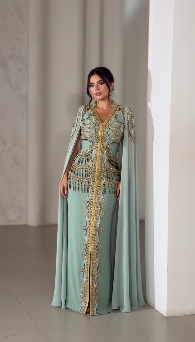 Mint Green Embroidered Moroccan Kaftan Dress | Luxury Dubai Style Evening Gown