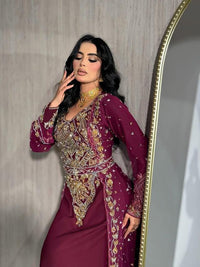 Luxury Maroon Moroccan Bridal Kaftan, Gold Embroidered Wedding Dress, Handmade Takchita