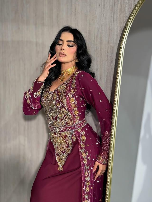 Luxury Maroon Moroccan Bridal Kaftan, Gold Embroidered Wedding Dress, Handmade Takchita