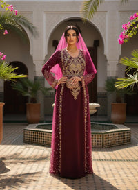 Luxury Maroon Moroccan Bridal Kaftan, Gold Embroidered Wedding Dress, Handmade Takchita