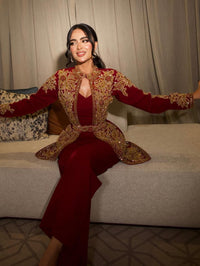 Red Crepe Embroidered Jacket Co Ord Set | Moroccan Bridal Takchita Kaftan