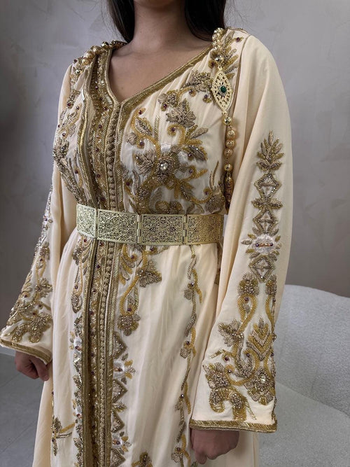 Champagne Crepe Kaftan Dress | Gold Embroidered Dubai Style Caftan McBride