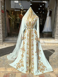 Mint Blue Moroccan Bridal Kaftan Takchita, Hand Embroidered Crepe Wedding Dress (Custom Made)