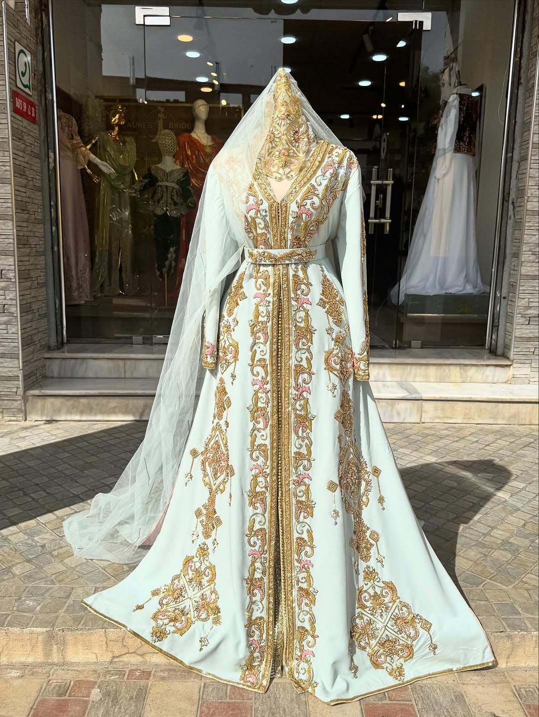 Mint Blue Moroccan Bridal Kaftan Takchita, Hand Embroidered Crepe Wedding Dress (Custom Made)