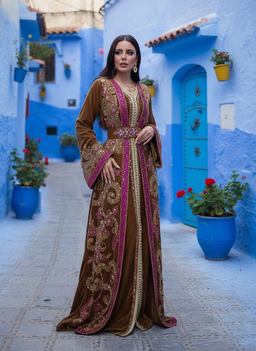 Luxury Velvet Moroccan Kaftan – Gold & Magenta Embroidered Bridal Caftan – Royal Wedding  Henna Dress