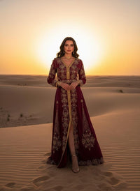 Burgundy Moroccan Kaftan – Luxury Gold Embroidered Bridal Caftan – Handmade Wedding & Henna Dress