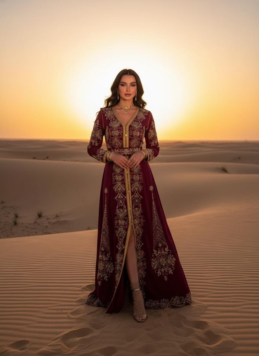 Burgundy Moroccan Kaftan – Luxury Gold Embroidered Bridal Caftan – Handmade Wedding & Henna Dress