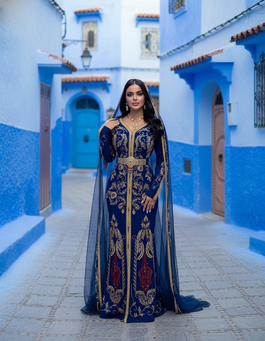 Royal Blue Moroccan Kaftan – Gold Embroidery Georgette Bridal Caftan with Veil