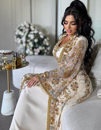 Off White Moroccan Kaftan – Luxury Gold Embroidered Bridal Caftan – Handcrafted Georgette Wedding & Nikkah Dress