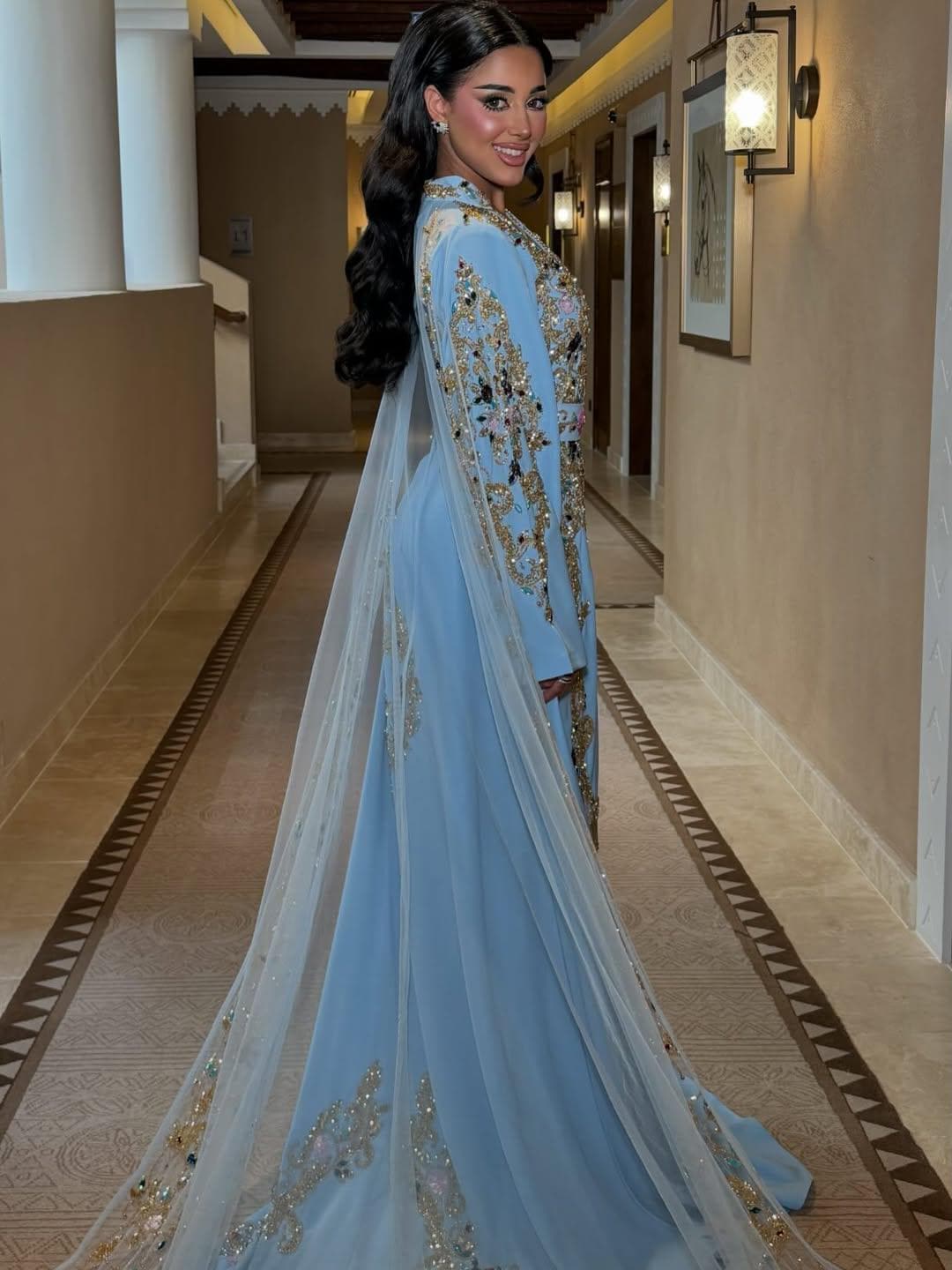 Powder Blue Moroccan Kaftan – Gold & Floral Hand Embroidered Caftan – Luxury Custom Wedding  Henna Dress