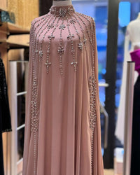 Zahyra Nude Pink Modest Maxi Dress, High Neck Cape Dress, Elegant Evening Gown, Luxury Crepe Dress, Formal Modest Wear