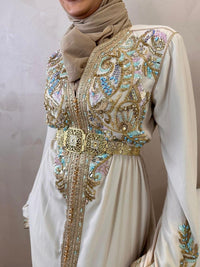 Mint Green Embroidered Moroccan Kaftan Dress | Luxury Crepe Dubai Style Caftan