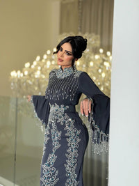 Charcoal Grey Embroidered Kaftan Dress, Crystal Beaded Bell Sleeve Formal Gown