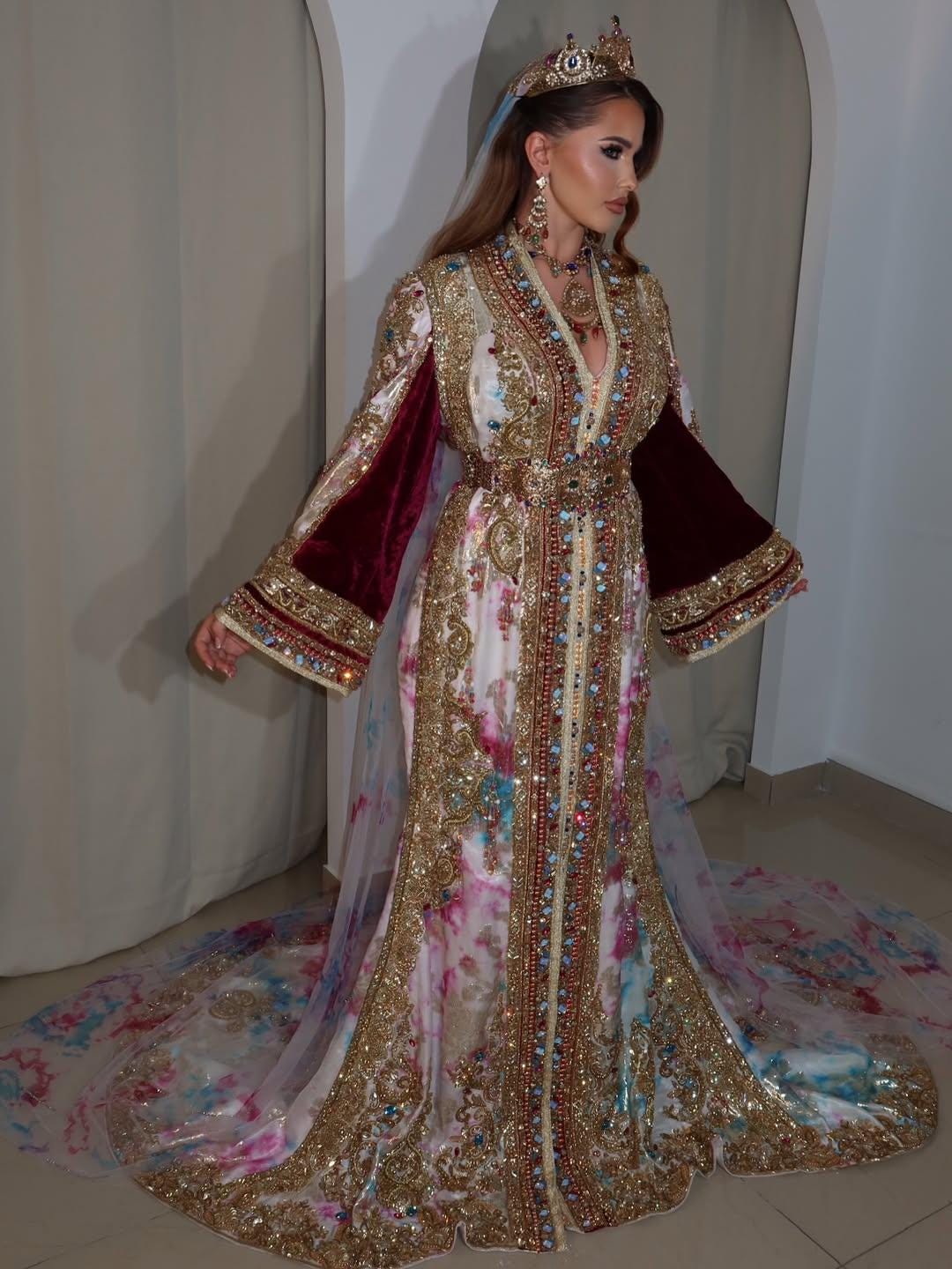 Royal Moroccan Bridal Kaftan, Luxury Silk Jacquard Wedding Dress, Hand Embroidered Couture Caftan