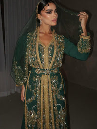 Emerald Green Moroccan Kaftan – Gold Embroidered Luxury Crepe Caftan – Henna Night, Engagement & Wedding Dress