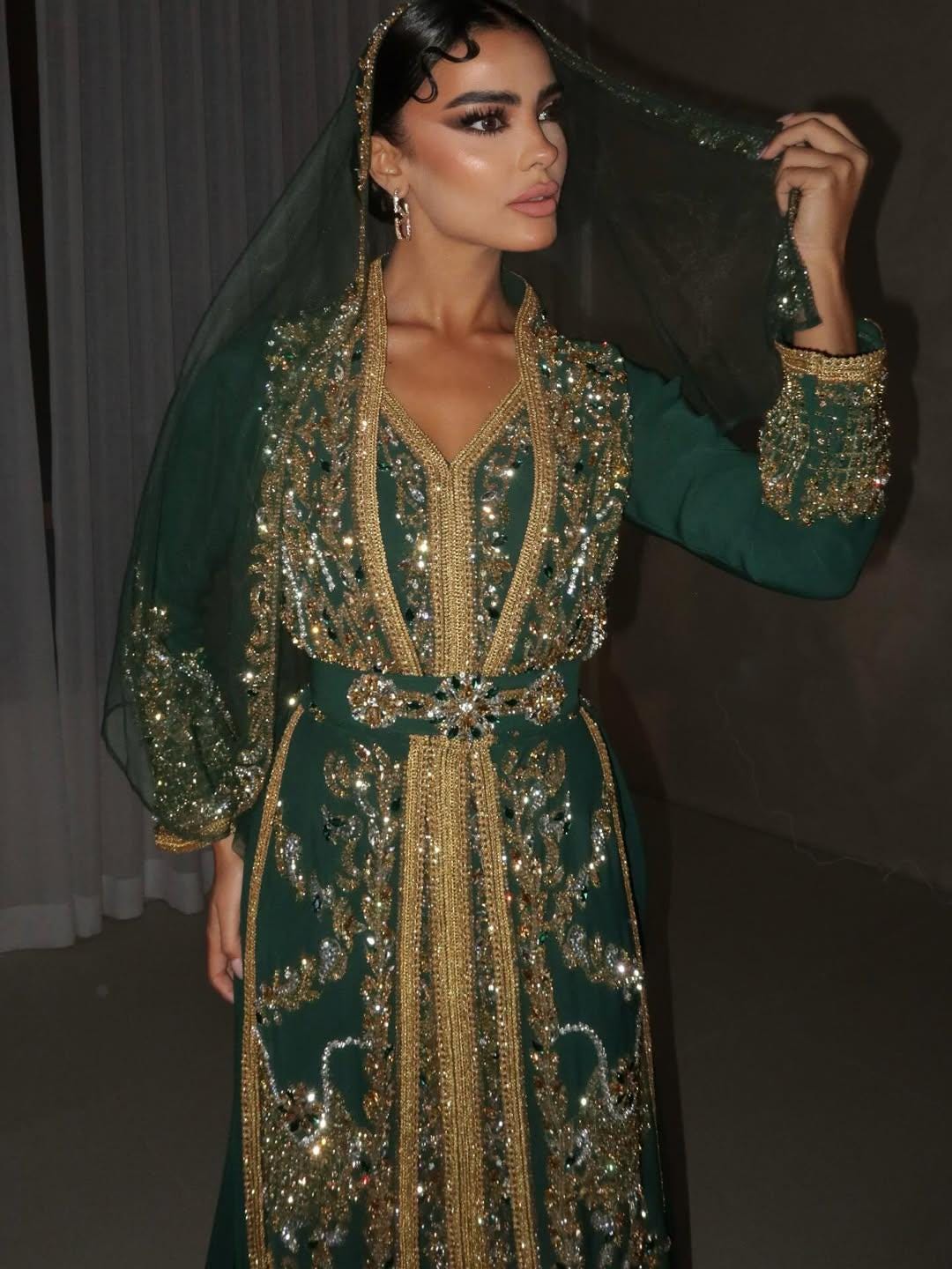 Emerald Green Moroccan Kaftan – Gold Embroidered Luxury Crepe Caftan – Henna Night, Engagement & Wedding Dress