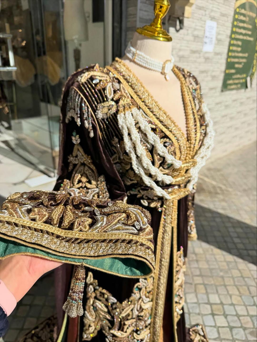 Luxury Burgundy Velvet Kaftan | Gold Embroidered Arabic Takchita Dress, Bridal Gown