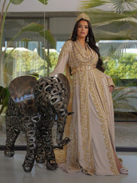Handcrafted Moroccan Bridal Kaftan, Champagne Gold Embroidery, Royal Wedding Dress