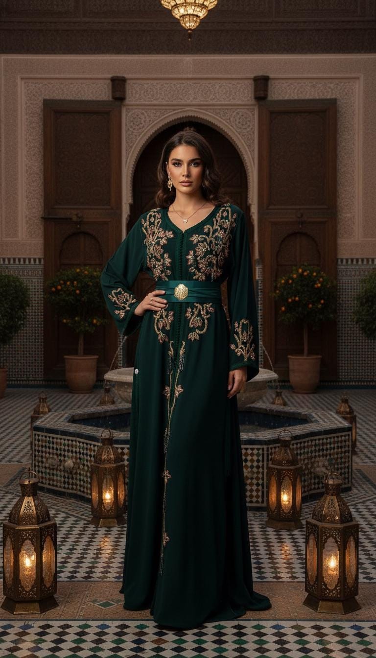 Hand Embroidered Moroccan Bridal Kaftan Takchita | Custom Made Arabic Wedding Dress