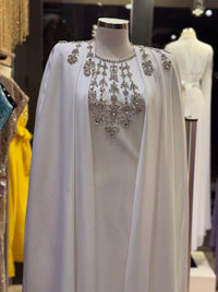 Royal Blue Crepe Maxi Dress, Cape Sleeve, Hand-Embroidered Neckline, Custom Bridal Gown