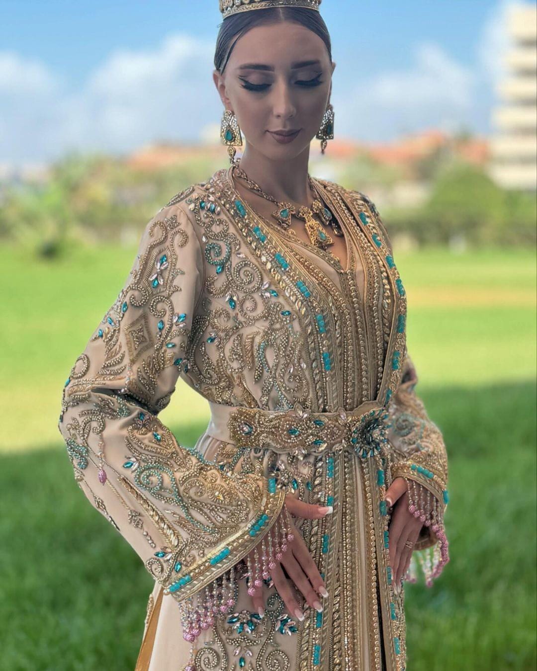 Ivory Moroccan Bridal Kaftan, Gold Embroidery, Custom Made Elegant Bride Gown