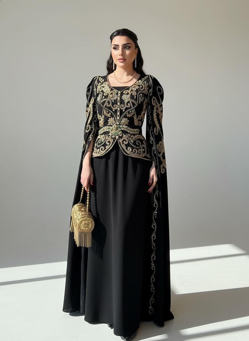 Black Crepe Cape Gown | Gold Embroidery, Modest Evening Dress, Custom Made