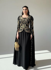 Black Crepe Cape Gown | Gold Embroidery, Modest Evening Dress, Custom Made