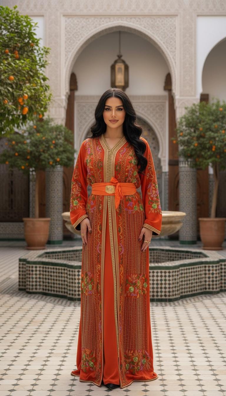 Orange Moroccan Kaftan Dress | Hand Embroidered Crepe Gown, Custom Made Bridal Wear