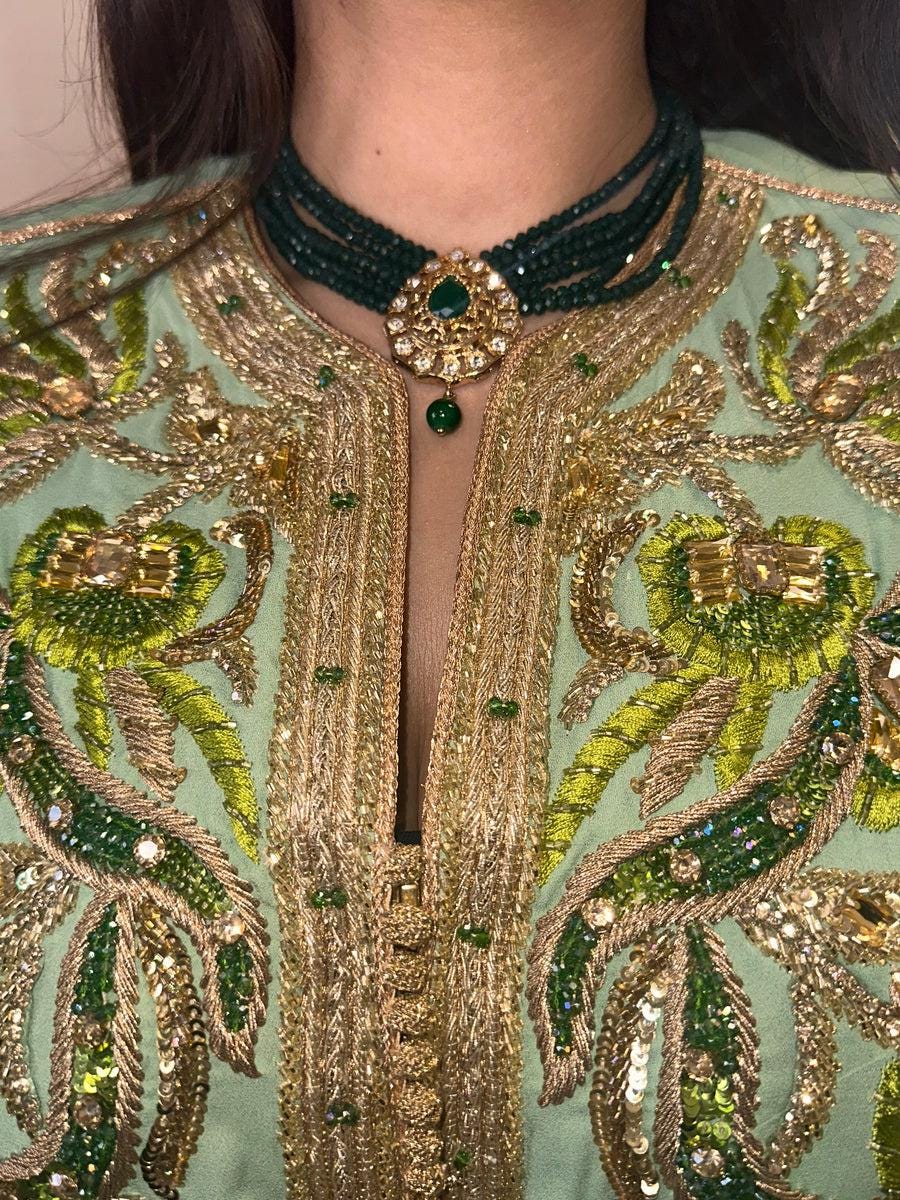 Mint Green Embroidered Moroccan Kaftan Dress | Luxury Crepe Dubai Style Caftan