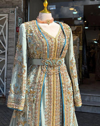 Pastel Blue Moroccan Bridal Kaftan Takchita, Luxury Crepe Hand-Embroidered Wedding Dress