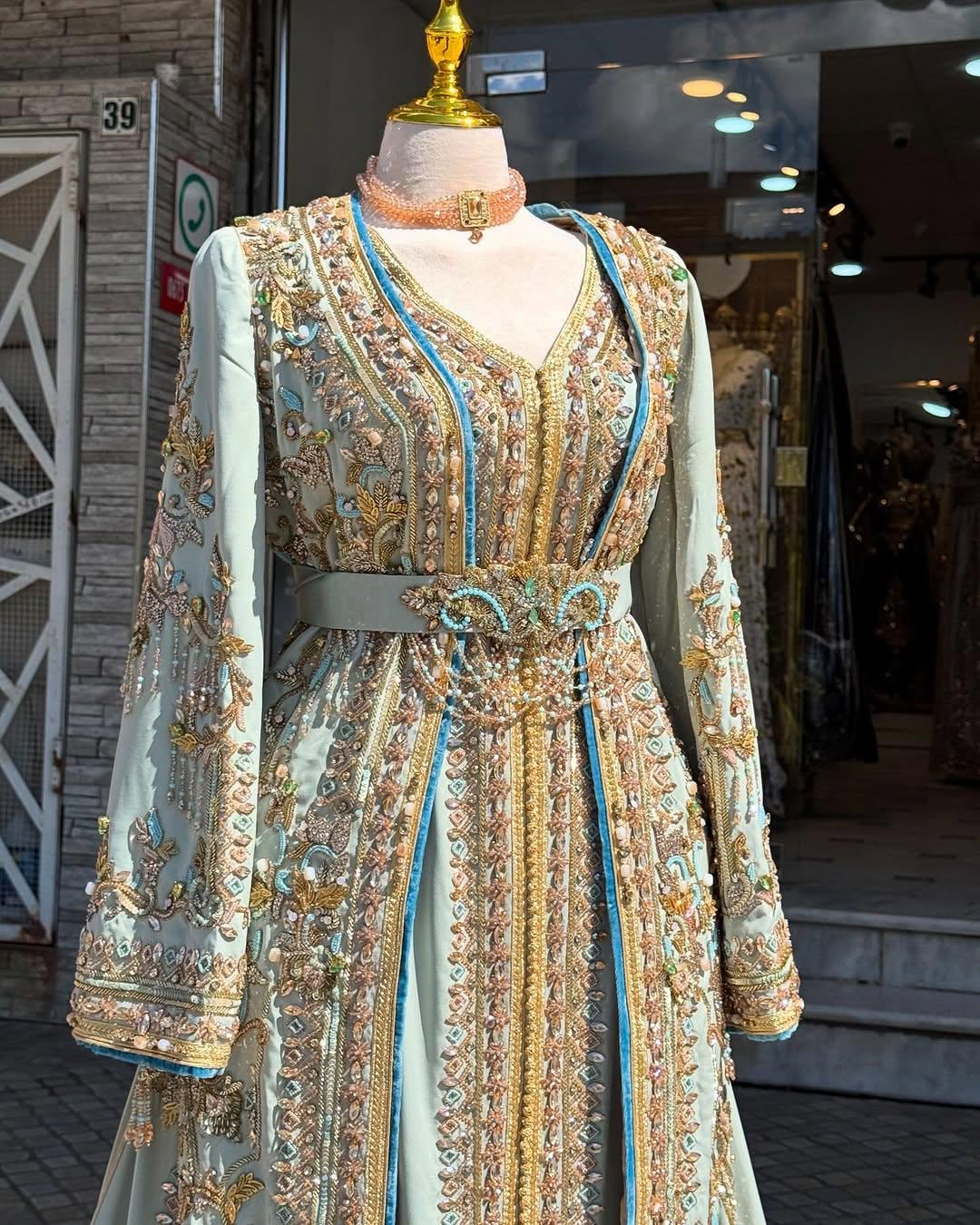 Pastel Blue Moroccan Bridal Kaftan Takchita, Luxury Crepe Hand-Embroidered Wedding Dress