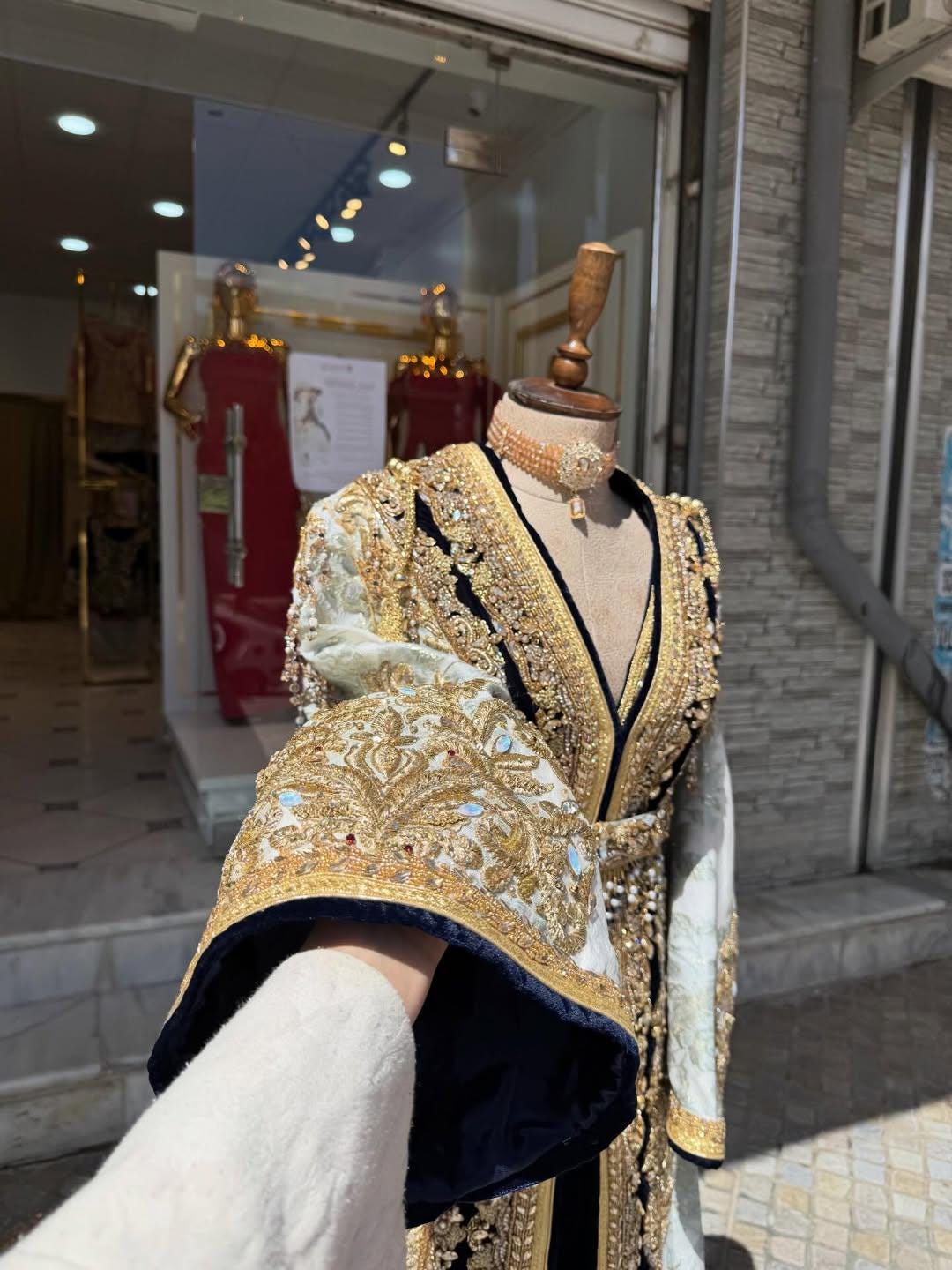 Luxury Moroccan Jacquard Kaftan | Gold Embroidered Bridal Takchita Dress