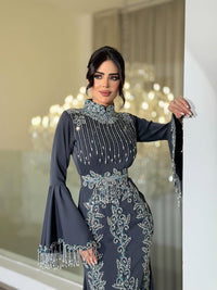 Charcoal Grey Embroidered Kaftan Dress, Crystal Beaded Bell Sleeve Formal Gown