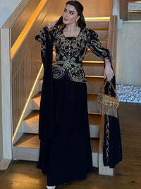 Black Crepe Cape Gown | Gold Embroidery, Modest Evening Dress, Custom Made
