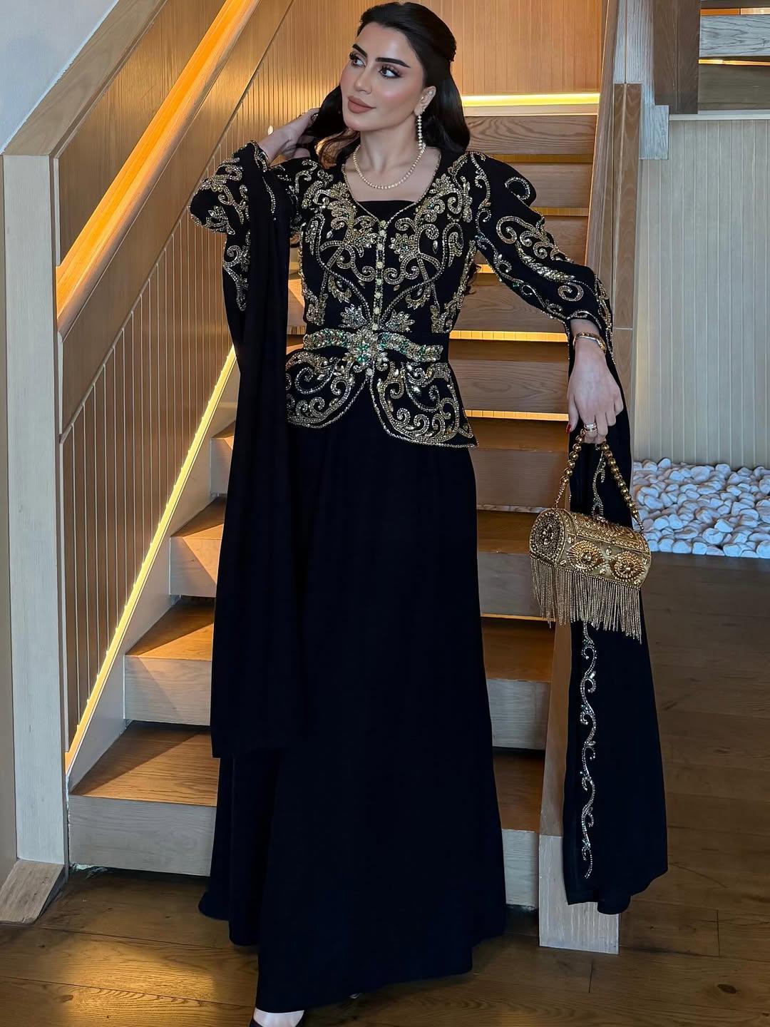 Black Crepe Cape Gown | Gold Embroidery, Modest Evening Dress, Custom Made