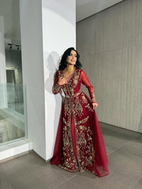 Red Moroccan Bridal Kaftan, Luxury Gold Embroidered Wedding Dress, Handcrafted Takchita