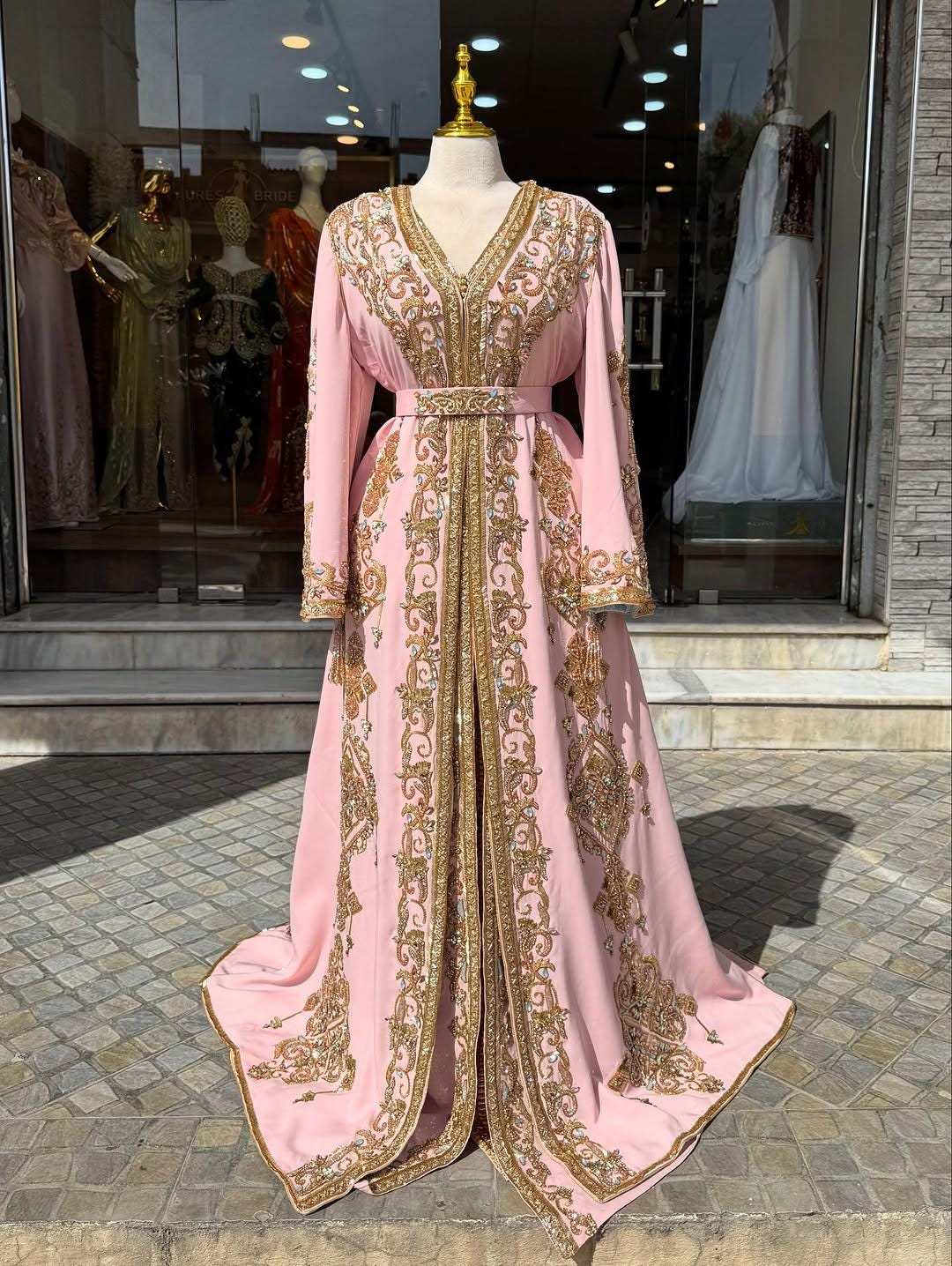 Dull Pink Moroccan Bridal Kaftan Takchita, Hand Embroidered Crepe Wedding Dress (Custom Made)