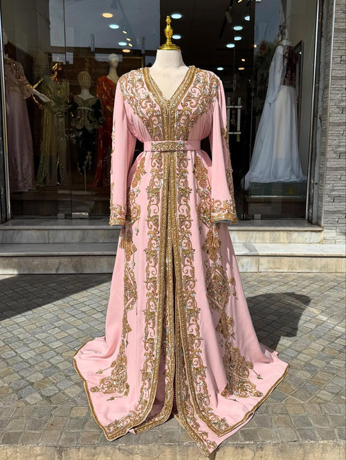 Dull Pink Moroccan Bridal Kaftan Takchita, Hand Embroidered Crepe Wedding Dress (Custom Made)