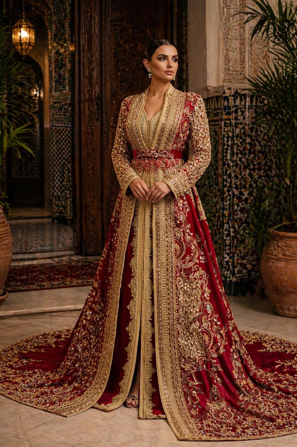 Red Moroccan Kaftan Gold Embroidery | Luxury Wedding Guest Dress | Designer Arabic Caftan