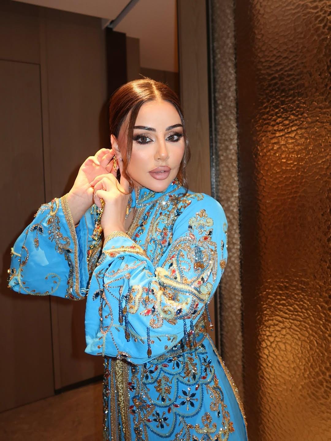 Turquoise Crepe Moroccan Kaftan Gold Embroidery | Luxury Wedding Guest Dress | Custom Arabic Caftan