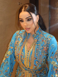 Turquoise Crepe Moroccan Kaftan Gold Embroidery | Luxury Wedding Guest Dress | Custom Arabic Caftan
