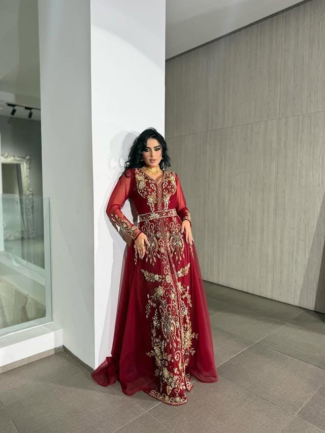 Red Moroccan Bridal Kaftan, Luxury Gold Embroidered Wedding Dress, Handcrafted Takchita
