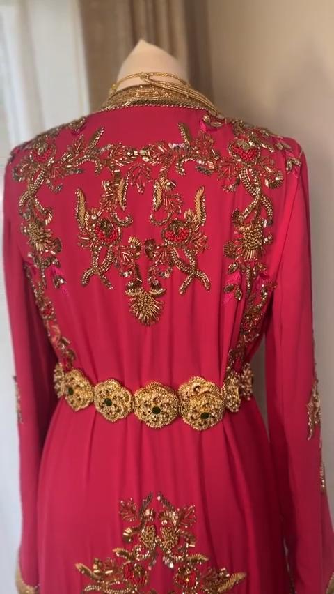 Red Moroccan Kaftan Dress | Gold Embroidered Crepe Caftan | Eid Wedding Guest Outfit
