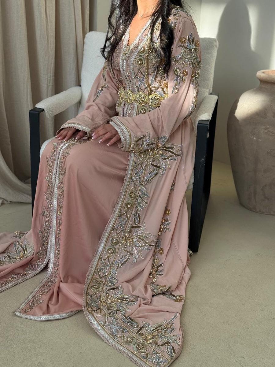 Blush Pink Moroccan Kaftan Dress | Luxury Gold Embroidery, Custom Made Bridal Wear