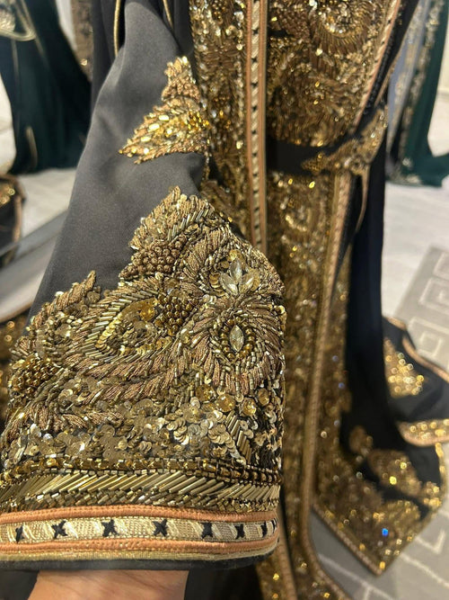 Black Luxury Crepe Kaftan Takchita, Hand Embroidered Bridal Wedding Outfit